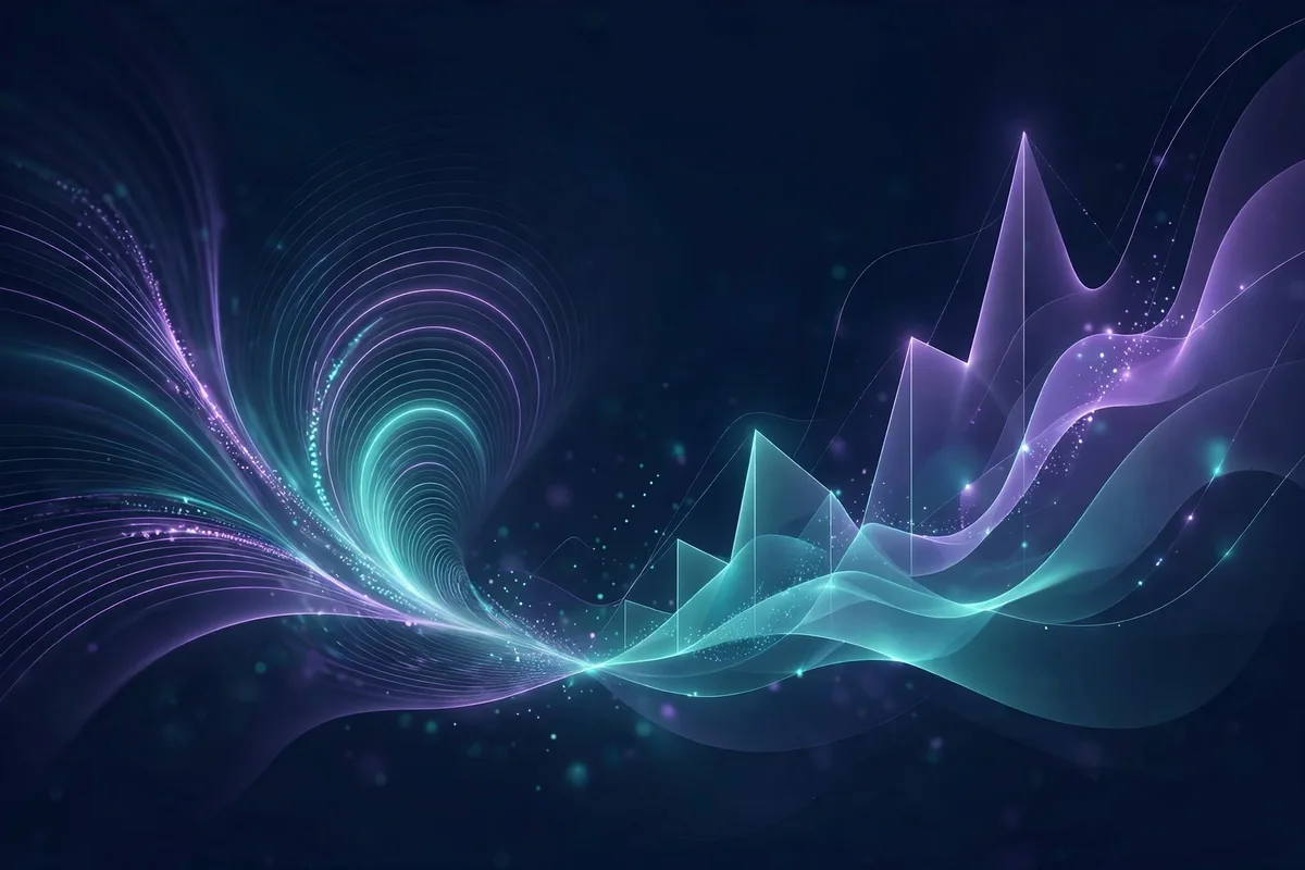 Abstract illustration of glowing search waves and rising shapes on a dark background
