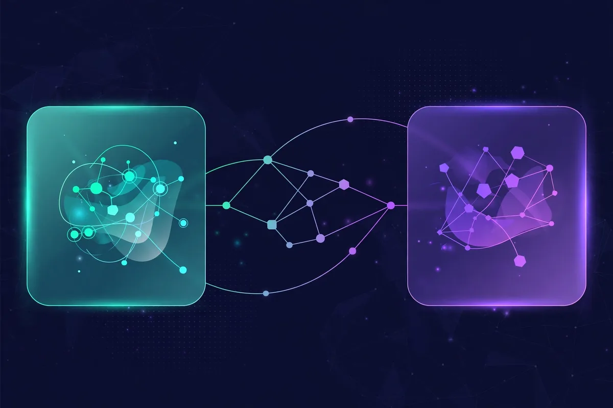 Abstract illustration of glowing comparison panels on a dark background