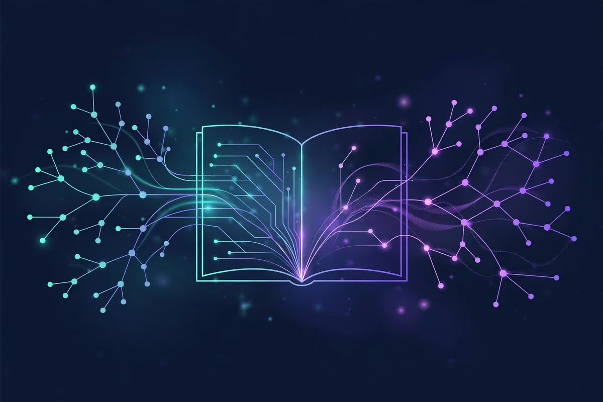 Abstract illustration of glowing learning paths and connected nodes on a dark background
