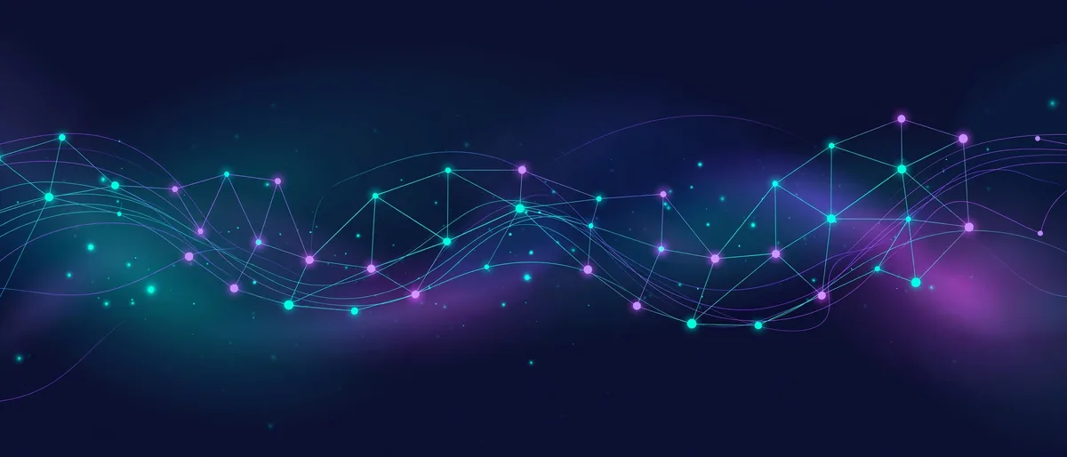 Abstract illustration of a glowing teal and violet network on a dark background