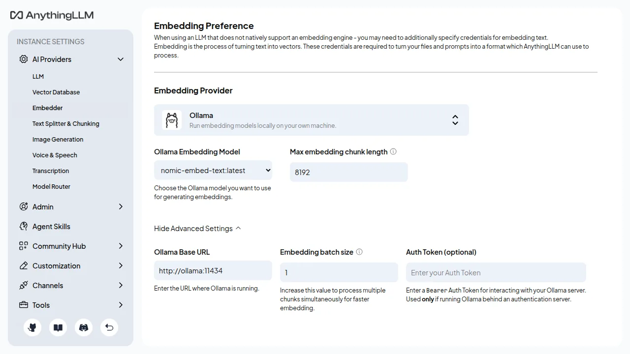 AnythingLLM embedding settings showing Ollama and nomic-embed-text