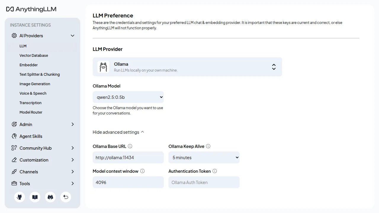 AnythingLLM LLM settings showing Ollama