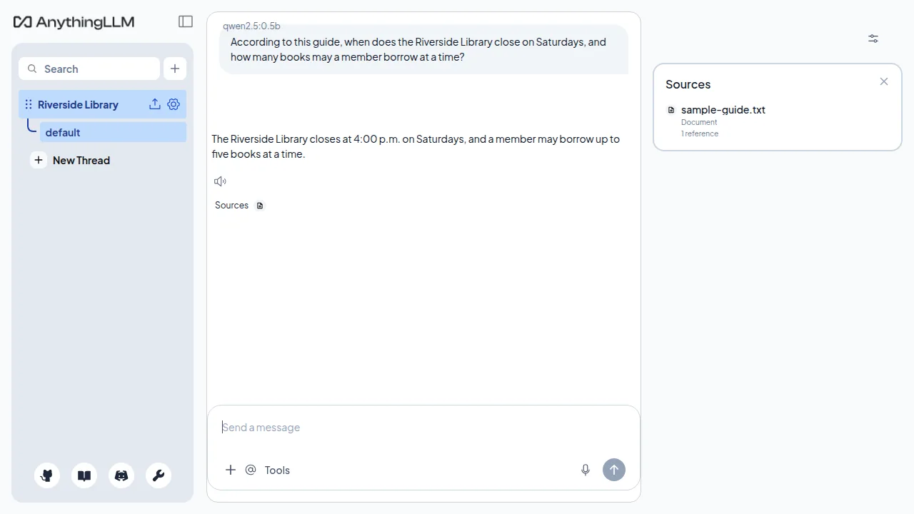 AnythingLLM workspace chat answering the sample question