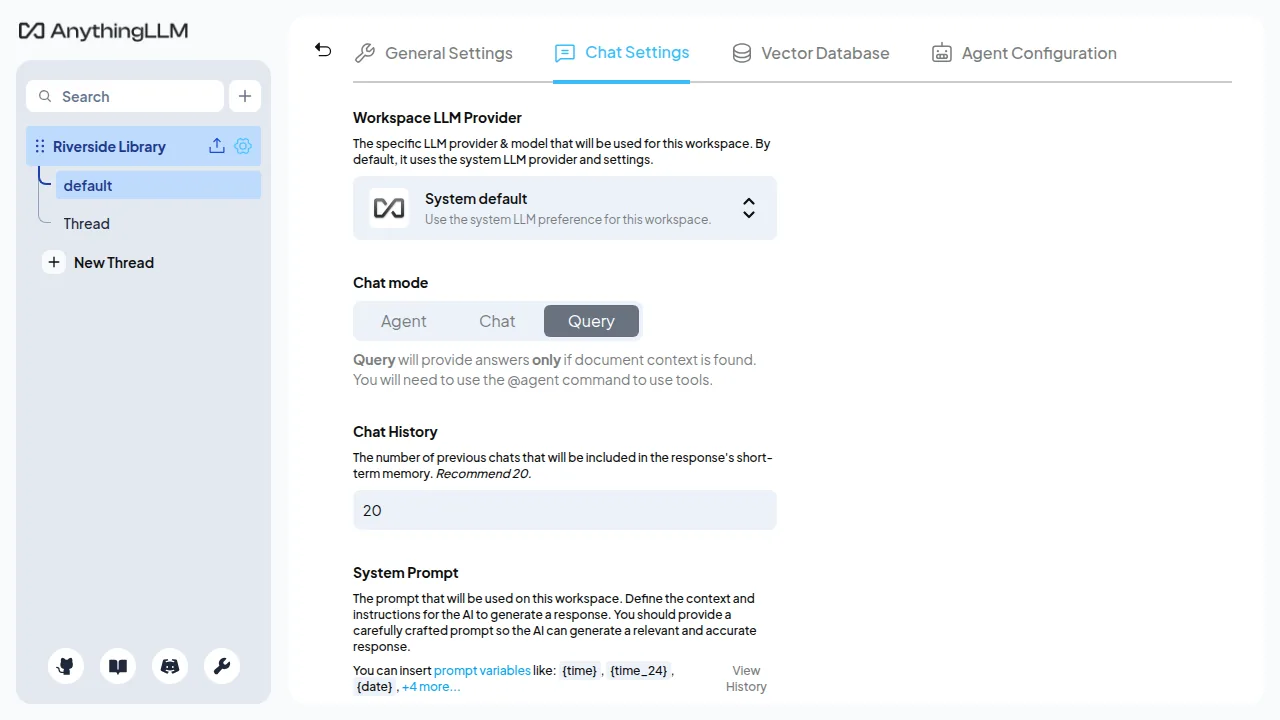 AnythingLLM workspace chat mode set to Query